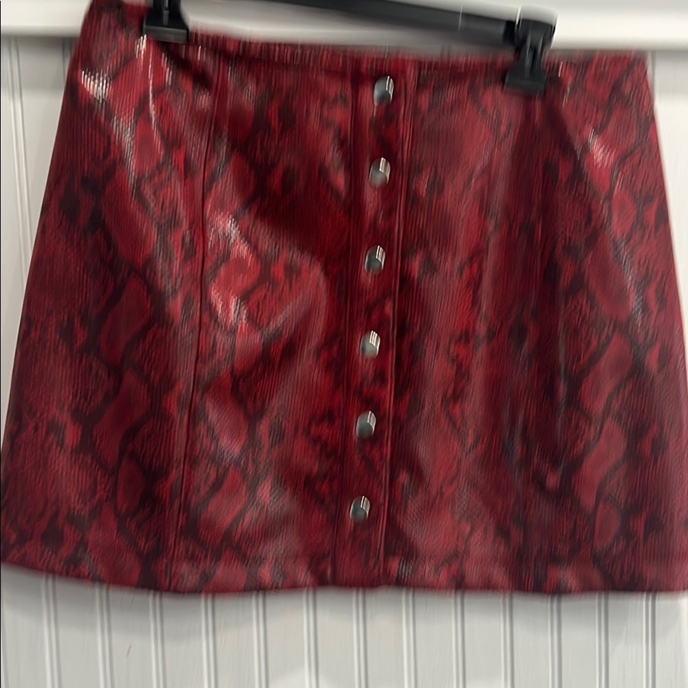 Red Snake Print Skirt with Snap Front